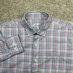 Peter Millar Button Down Mens Large Silk Blend Shirt Red Blue Plaid Long Sleeve